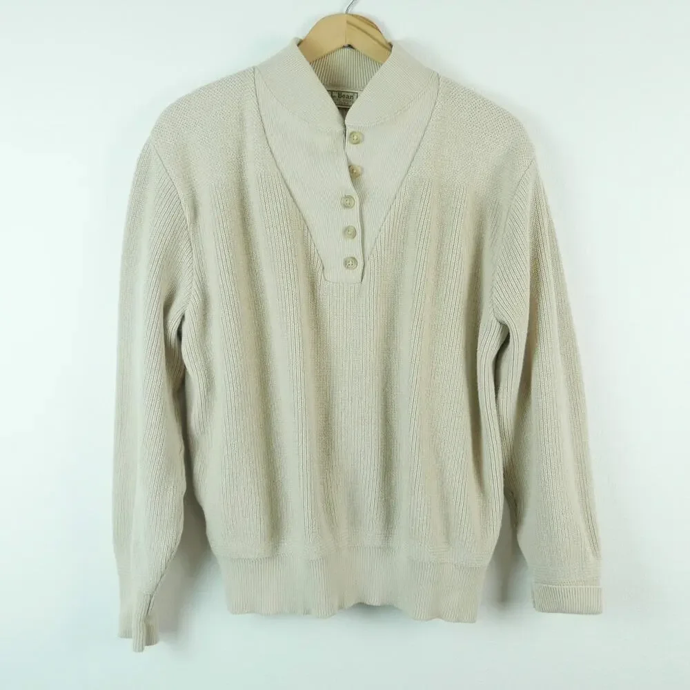 Vintage LL Bean Henley Sweater Large USA Cotton Fisherman Ribbed Knit‎ Pullover